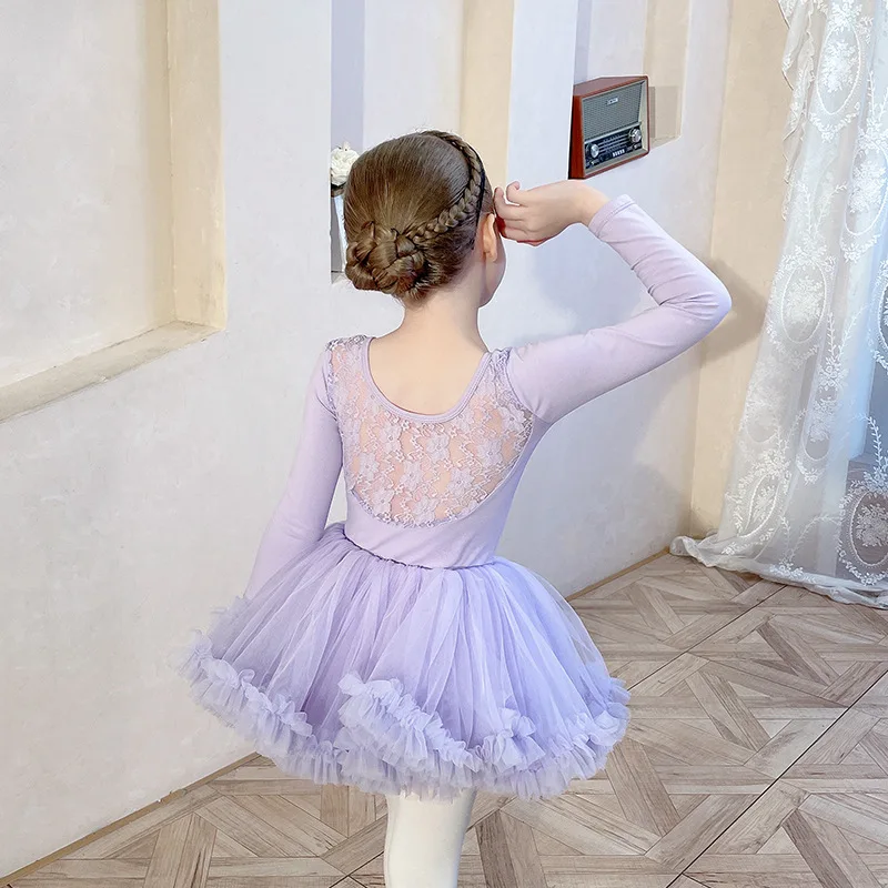 Crianças meninas ginástica collant bailarina dancewear traje de manga comprida rendas volta dança ballet roupas desempenho das crianças