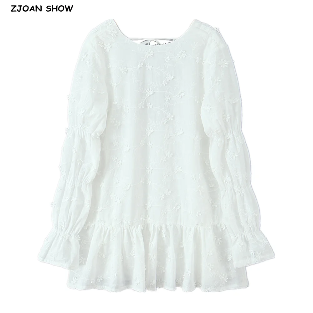 

2025 White 3d Embroidery Flower Long Flare Sleeve Short Dress Women Lacing Up V Back Backless Dresses Ruffles Hem Holiday Robe