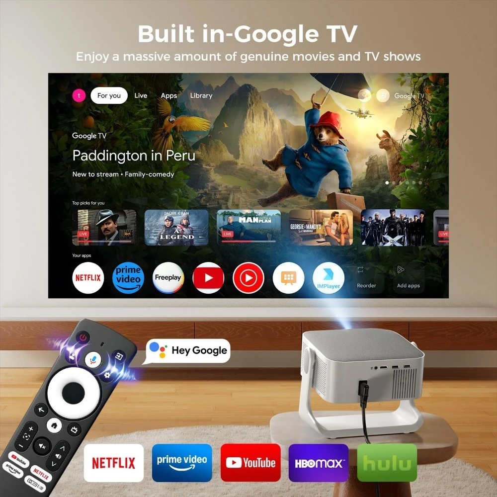 جهاز عرض بلوتوث ذكي 4K مزود بتقنية WiFi مع Google TV Netflix YouTube Prime Video Dolby Audio Auto Focus Keystone 270 درجة