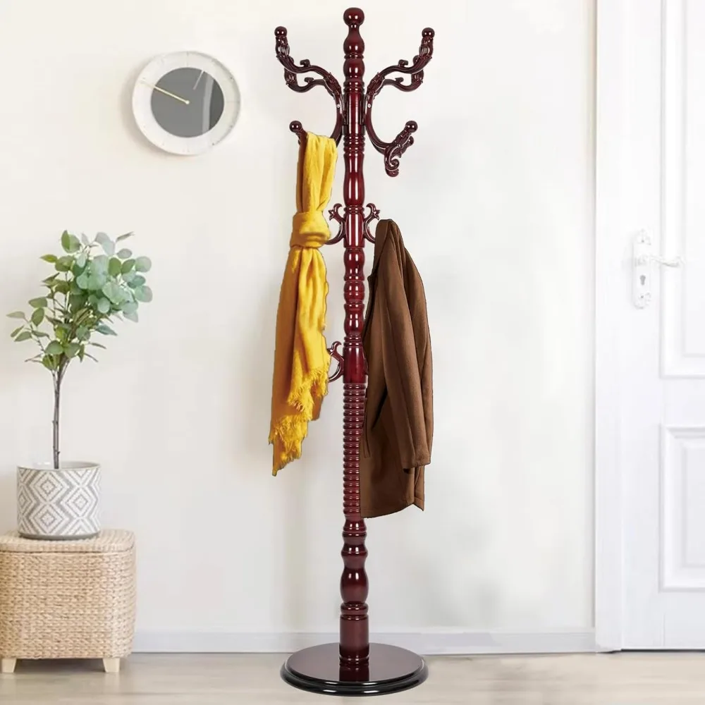 Wooden Coat Rack Freestanding, Hall Tree Hanger With Resin Hooks, Adjustable Heavy Duty Coat Rack for Hanging Clothes Bags Hats