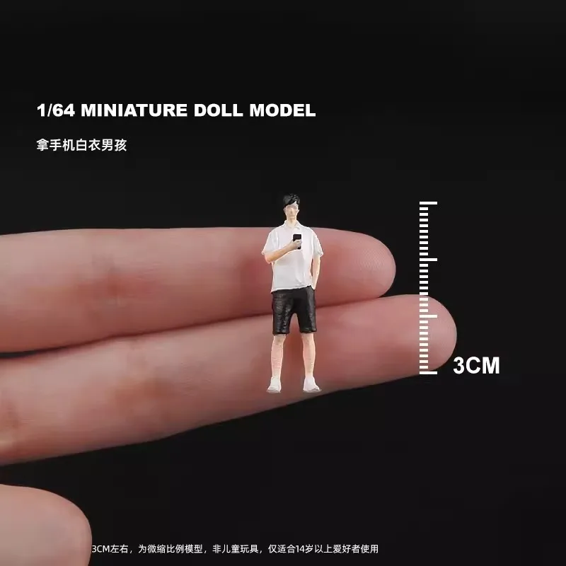 New 1:64 Scale Model 1Pcs Miniature Handsome Guy With Cell Phone White T-Shirt Action Figure DIY Scene Accessory Display Toys