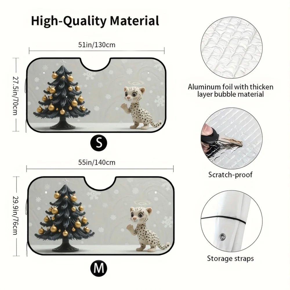 1pc Festive Leopard Print Christmas Sunshade - Foldable Windshield Cover With Adorable Leopard Design, Durable Polyester, Ideal