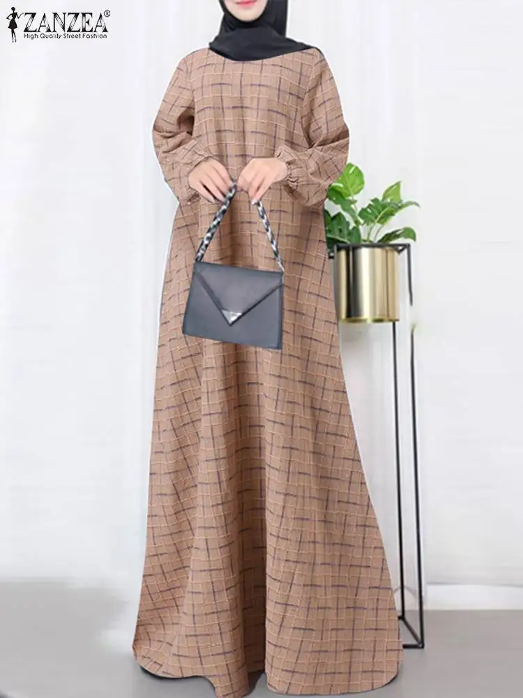 Vintage Grid Printed O-Neck Loose Dresses ZANZEA Muslim Maxi Long Dress Bohemian Fashion Sundress Holiday Ramadan Casual Kaftan