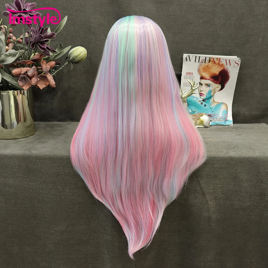 Imstyle Long Straight Wig Colorful Synthetic Lace Front Wig Multicolour Wig Pink Wigs For Party Cosplay Wig Heat Resistant Fiber