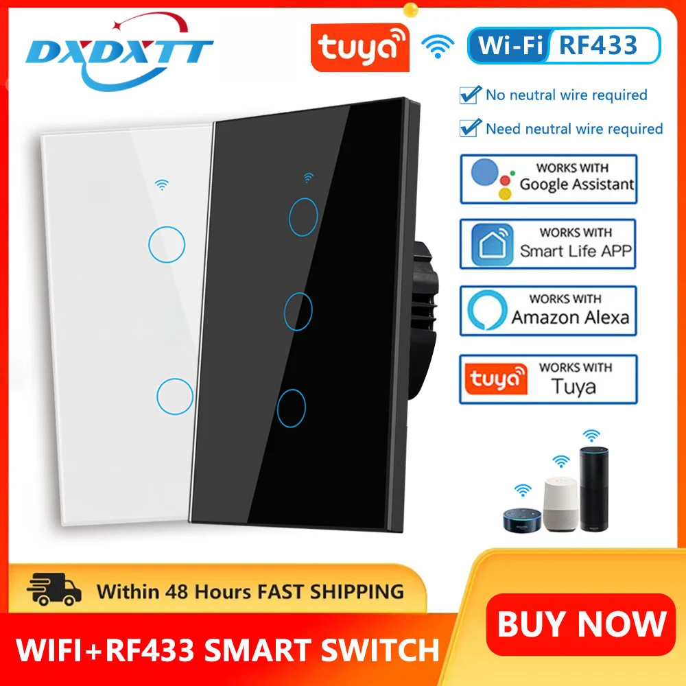 Interruptor inteligente de pared para el hogar, dispositivo con WiFi, RF433, 1/2/3 entradas, sin cable neutro, Sensor táctil, luz LED, compatible