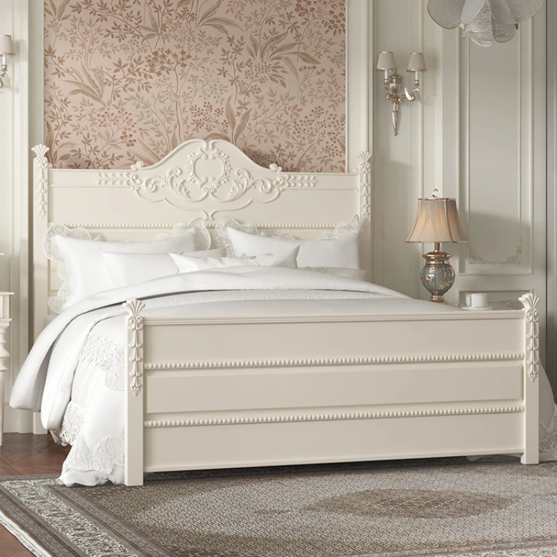 

Retro furniture cream white solid wood double carved bed master bedroom double