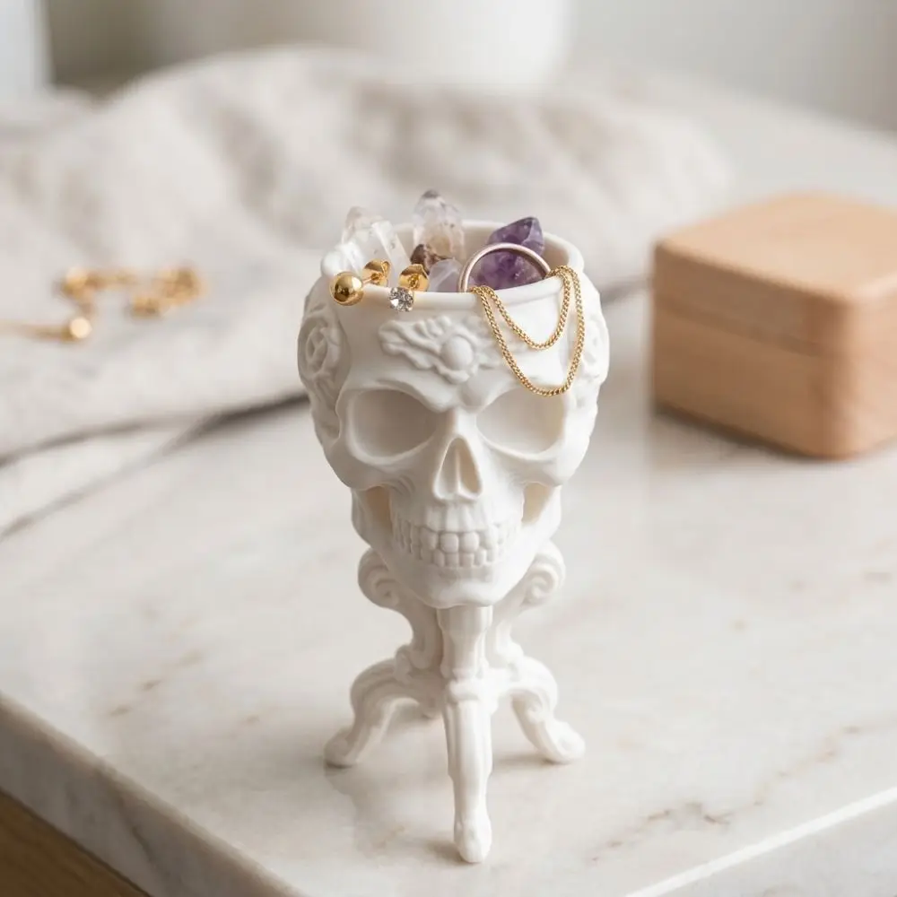 3D Printed Halloween Goblet Skull Planter Gothic Vintage Carved Mini Skeleton Flower Pot Rose Patterns Integrated