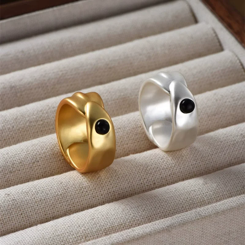Circular Overlapping Black Agate Ring for Men and Women fashion Niche Desig  Simple All-Match Vintage trendy Jewelry