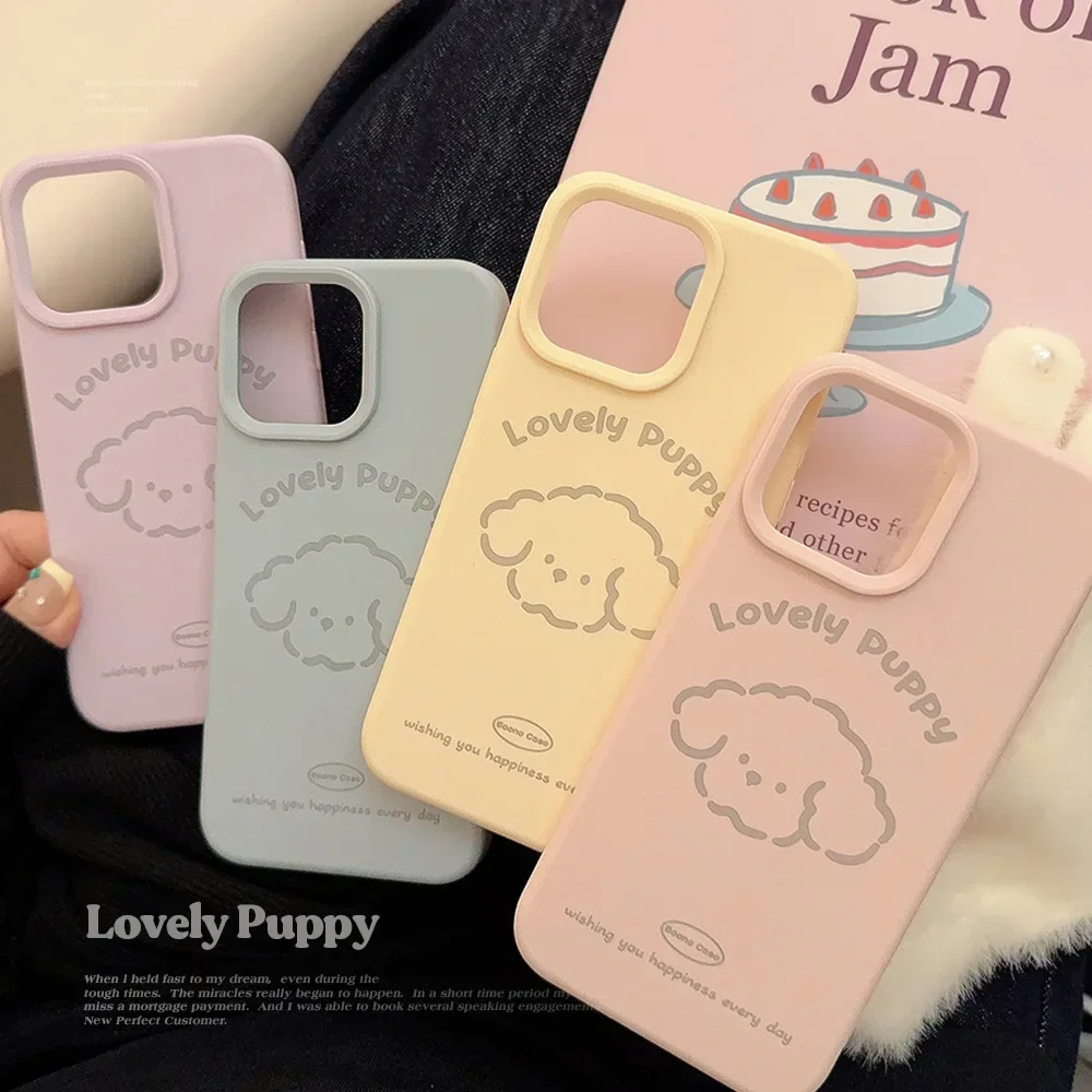 Simple Candy Colored Curly Haired Puppy Phone Case for IPhone16 15 14 12 13 11 Pro ProMax Plus X XR Shockproof Phone Cover