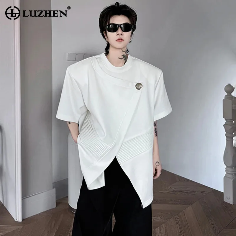 

LUZHEN Pleated Leather Design Sleeved Buttoned Patchwork Decorate Short T-shirts Personality Trendy Street Men's Tops JY2554