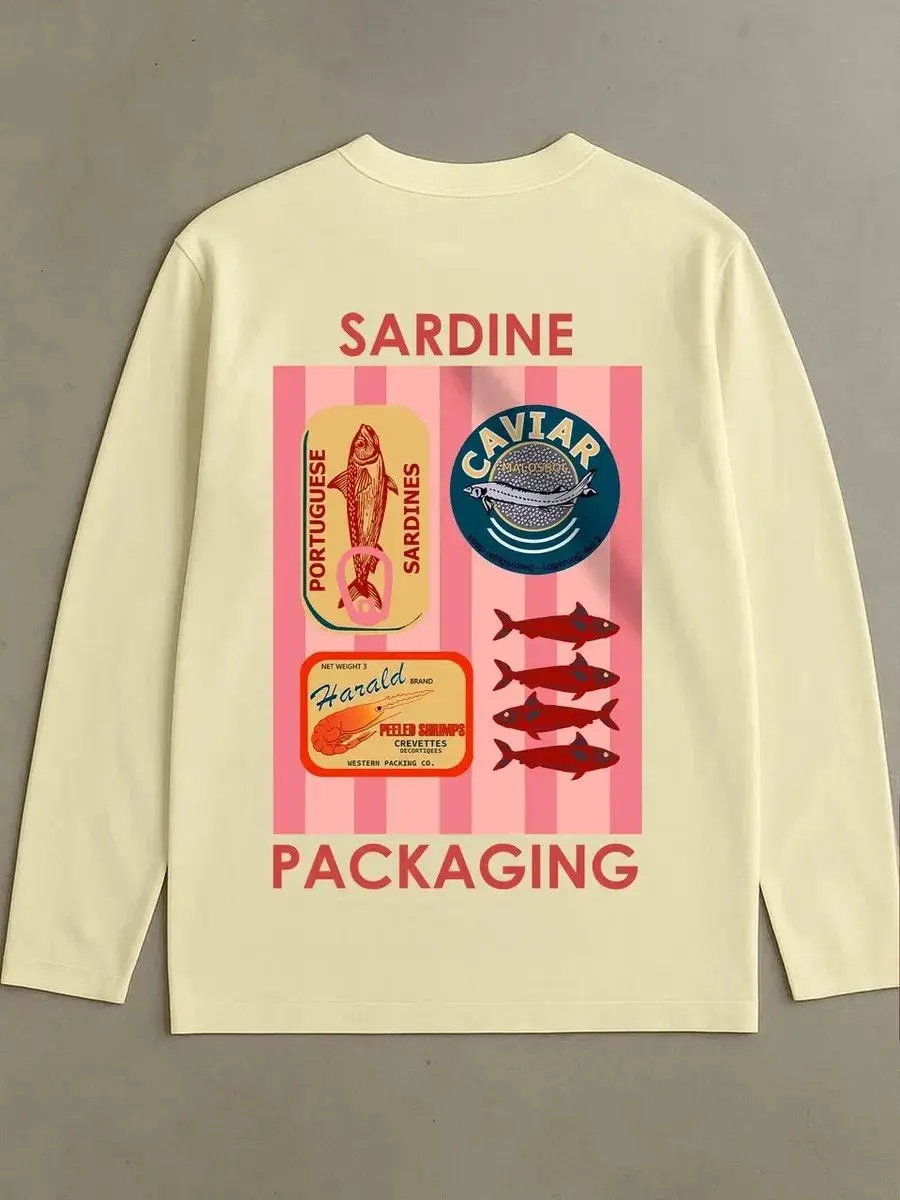 Słodkie damskie koszulki morelowe Śliczne sardynki Retro Czysta bawełna Długi rękaw Cienka bluza Jesienne modne topy Kawaii Duży rozmiar Y2K