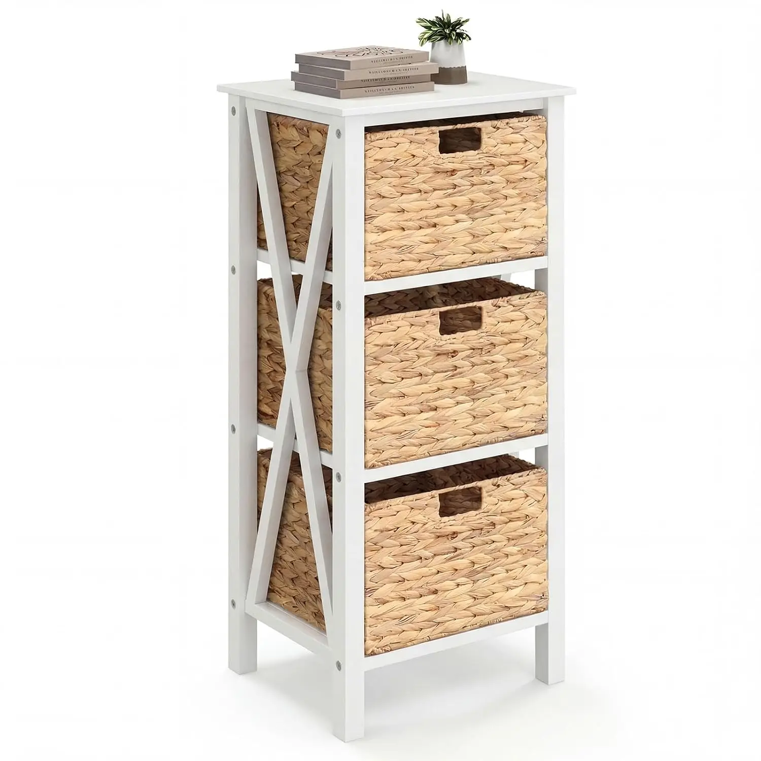 3-Tier Nightstand with 3 Wicker Baskets Wooden X-Design Side Table Acacia Legs Mid Century Accent Storage Bedroom White, Customi