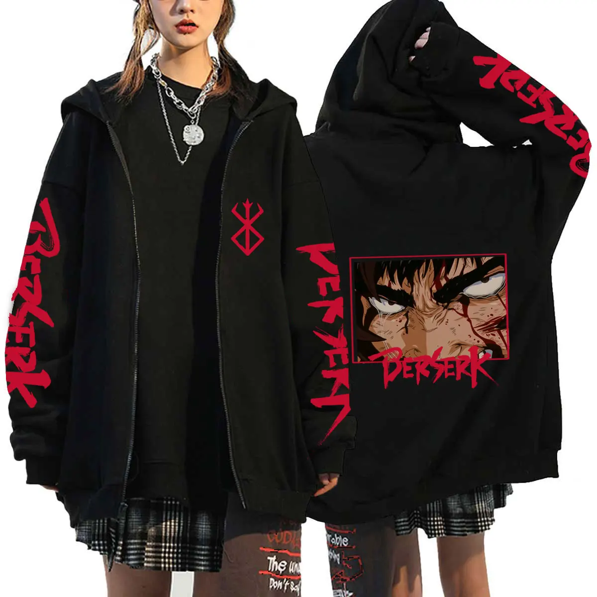 

Japan Anime Berserk Harajuku Guts Eyes Manga Zip Hoodies Sweatshirt Gothic Winter Pullover Fashion Long Sleeve Men Sweatshirt