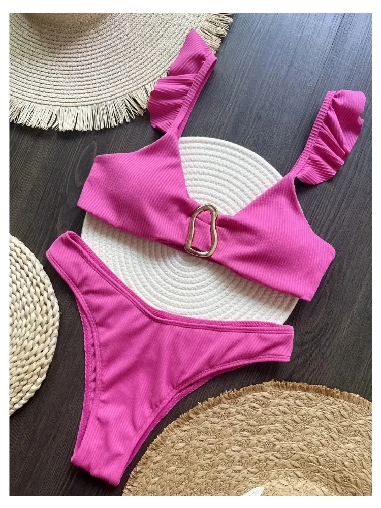 

2025 New Women's Bikini Set Rose Red 2 Piece Swimsuit Women Sexy Ruffle Suspender Backless Beach Vacation Bathing Suit Swimwear