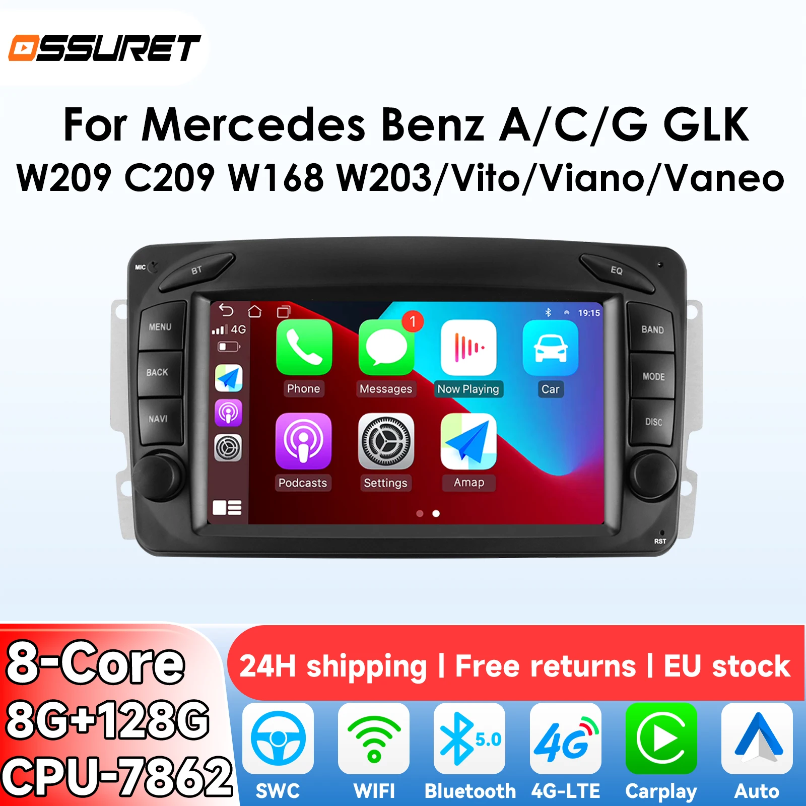 OSSURET Autoradio 2Din Carplay Android 14 per Mercedes Benz A/C/G CLK W209 C209 W168 W203 Vito Viano GPS Lettore Multimediale Video