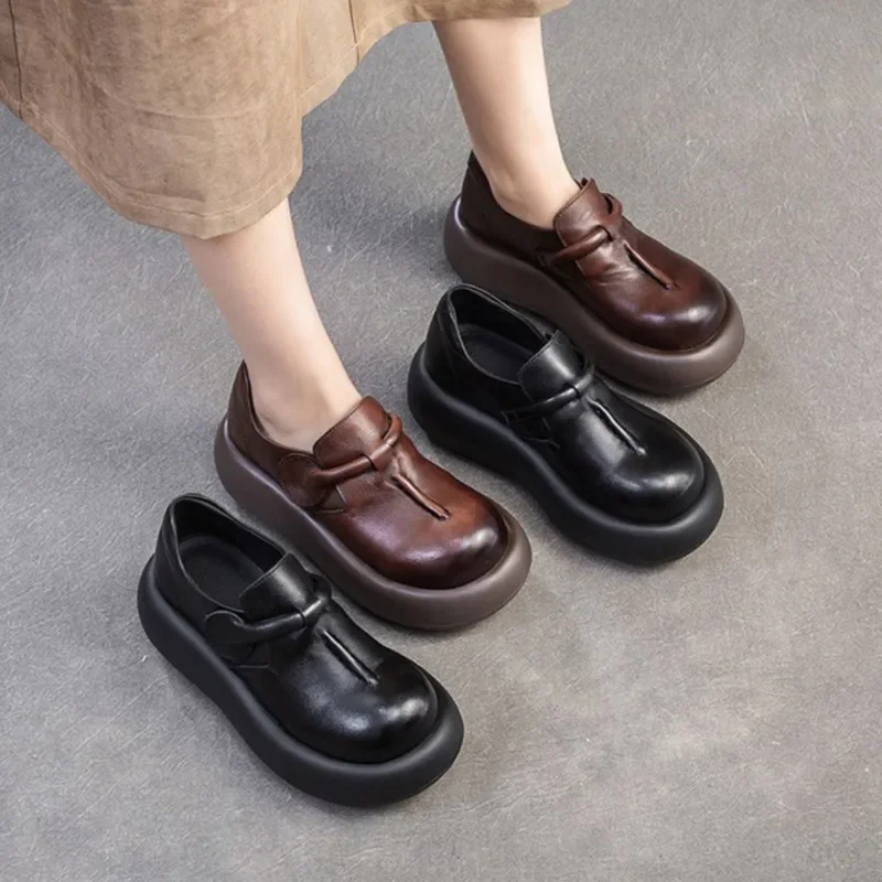 

Новые летние лоферы из натуральной кожи на толстой подошве в стиле ретро, простые и удобные повседневные женские уличные прогулочные туфли