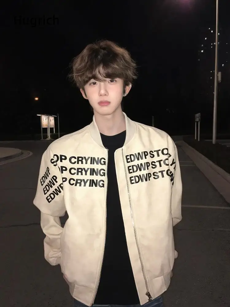 Chaqueta Bomber Oversize Beige de Ante Sintético con Estampado de Letras para Hombre, Cuello Acanalado, Cremallera Completa, Estilo Y2K Hip Hop Skate Streetwear