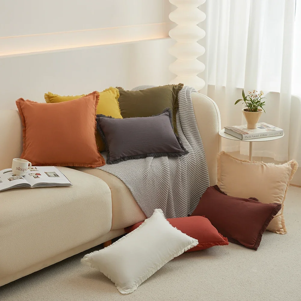 

1 Piece Plain Fringed Trim Cushion Cover Seamless Modern Weave Fabric Decorative Pillow Case 45* 45cm For Living Home Adornment