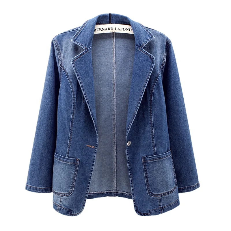 Spring Autumn Vintage Blue Slim Short Suit Collar Denim Jacket Women Cardigan Cowboy Outerwear Big Pocket Jeans Jacket Female