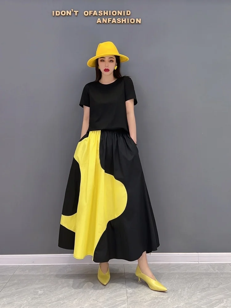 Vefadisa 2024 Summer The New Large Size Skirt Woman Fashion Leisure Print Stitching Color High Waist Skirt Green Yellow LHX120