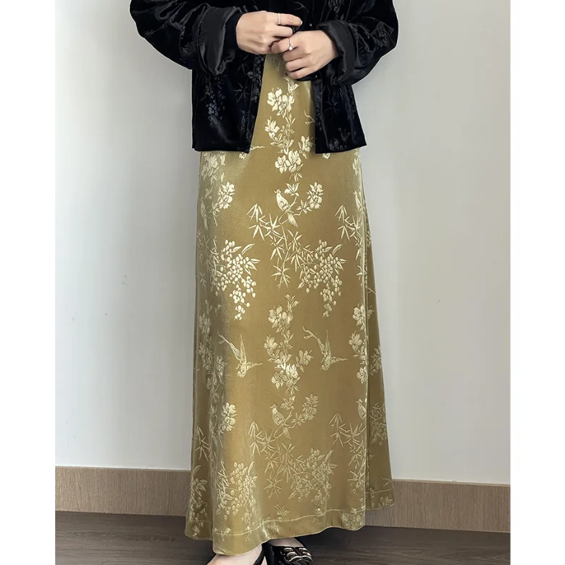 

Velvet Emed Skirt Elastic Waist Slit Long Skirt New Style Loose and Versatile