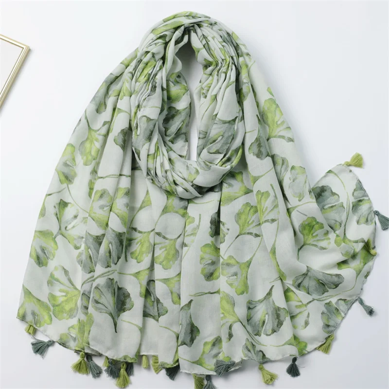 

2025 Fashion Women Spring Autumn Viscose Scarf Shawl Ginkgo Flowers Tassel Pashmina Stole Wrap Echarpe Foulards Muslim Hijab