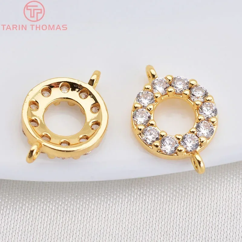 （1851）4PCS 24K Gold Color Plated Brass with Zircon Round Circel with 2 holes Connector Charms Pendants Jewelry  Accessories