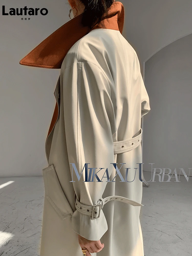 Lautaro Spring Autumn Patchwork Trench Coat for Women Belt Runway European Fashion Cool Stylish Luxury Designer Clothes 2023