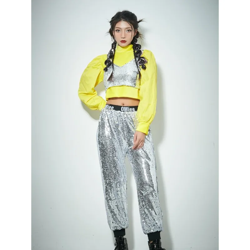 Giacca corta da ballo jazz di marca trendy Street Dance per ragazze in stile asiatico-americano, con paillettes per spettacoli.