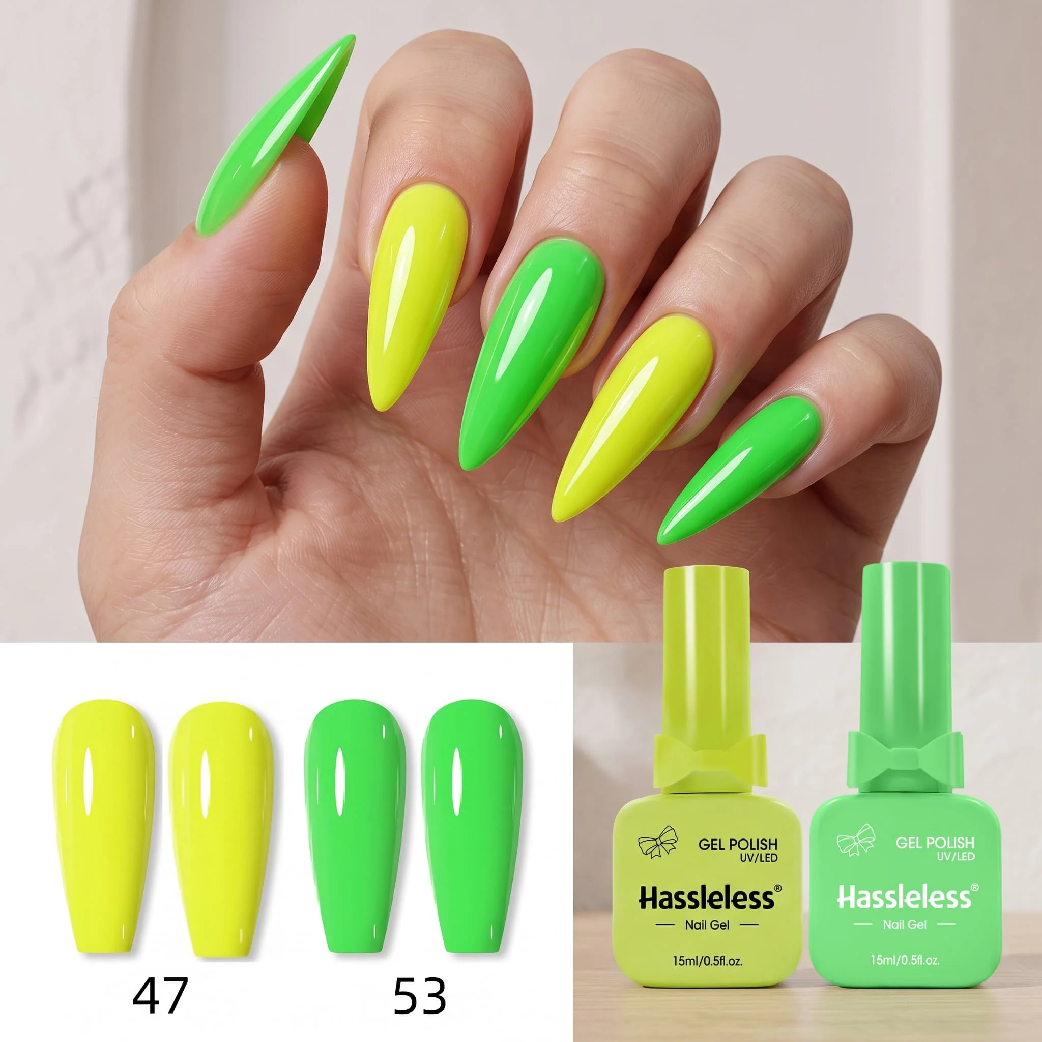 Hassleless 2-Pack Fluorescent Yellow-Green Nail Polish Gel Set, 15ml Large Capacity, Removable Nail Polish Gel, Bright Lemon Yellow and Vibrant Fresh Grass Green Dual-Color Combination, Even Color Coverage, Long-Lasting, Wear-Resistant, and Non-Fading
