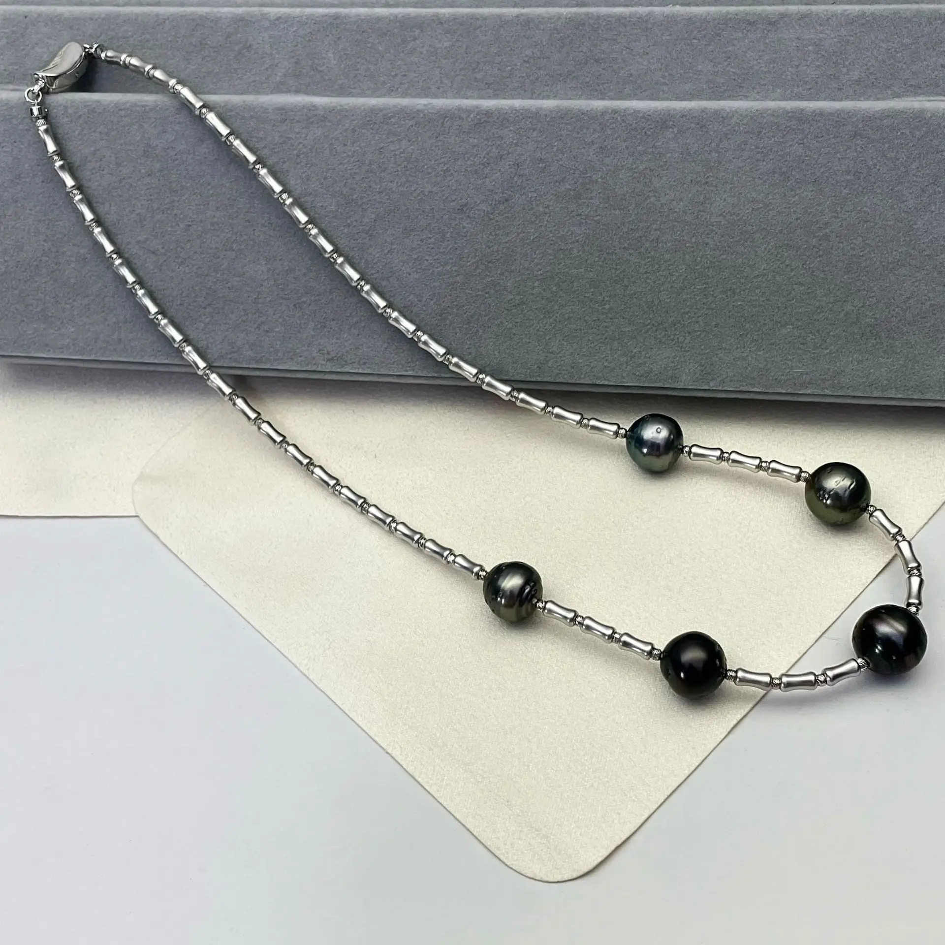 9-10mm Natural Tahitian Baroque Black Pearl Necklace, S925 Silver Bamboo Chain, Glossy Seawater Pearl Elegant Collarbone Jewelry