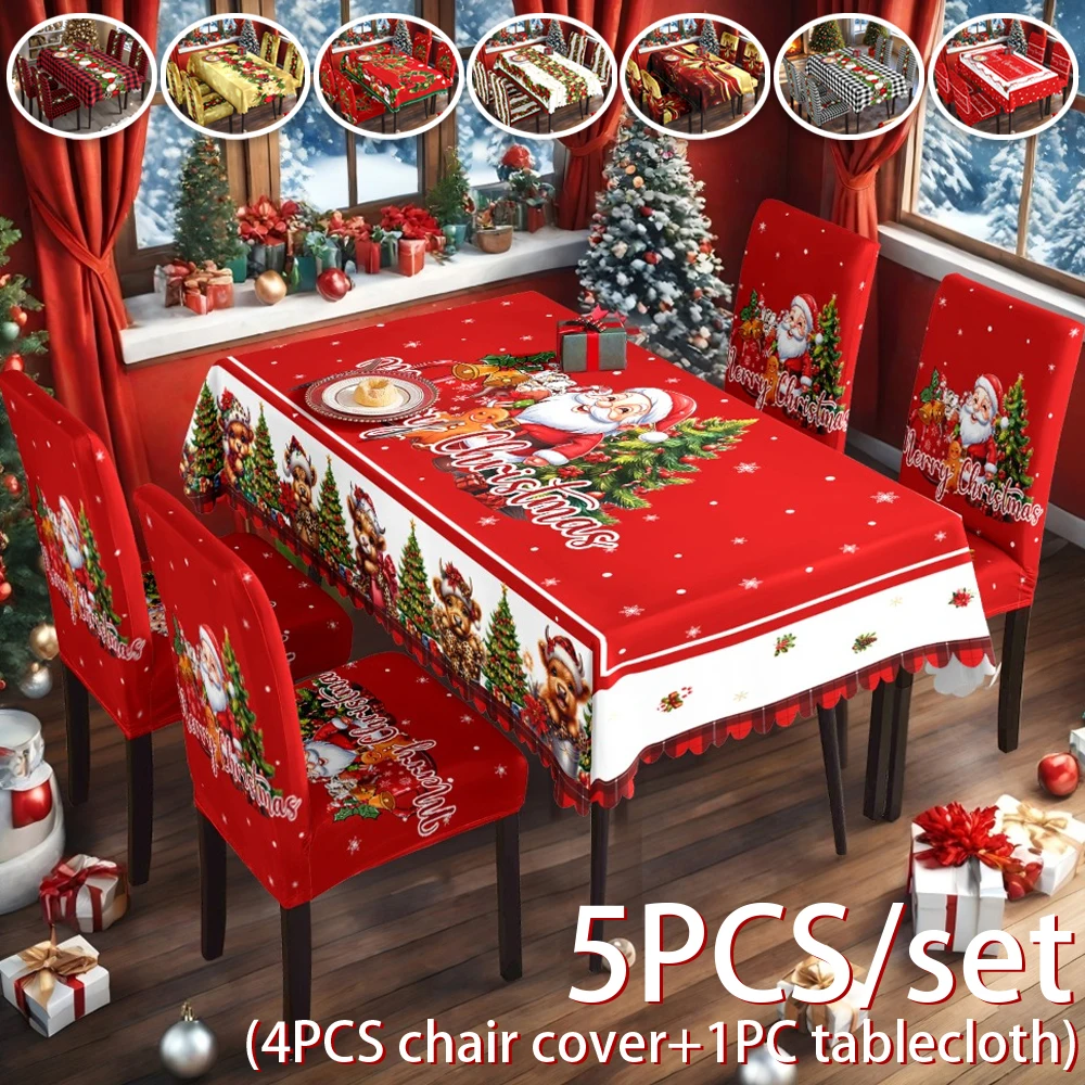 

2026 NEW Christmas Printed Tablecloth Restaurant Home Printed Chair Cover Christmas Tablecloth & Chair Cover Decorative 5PCS/set