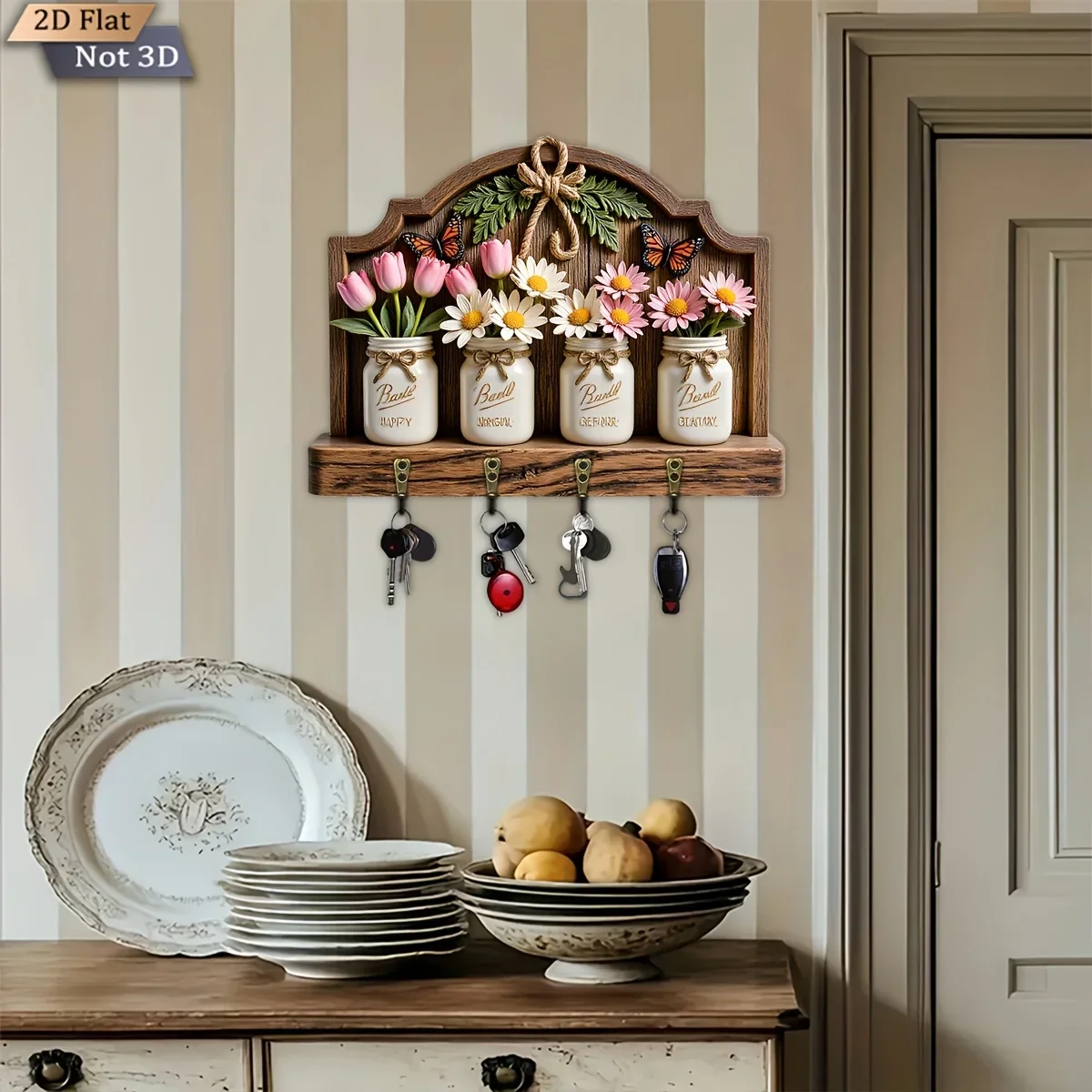2D Flat, 1pc, Rustic Floral Themed Key Hook, Wooden Multi-functional Home Key Rack, with four metal hooks, wall decor, porch