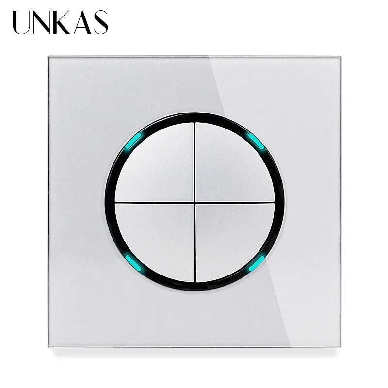 UNKAS Grey 1 2 3 4 Gang 1 / 2 Way Random Click on / Off Pass Through Wall Light Switch LED Indicator Gray Crystal Glass Panel image 3