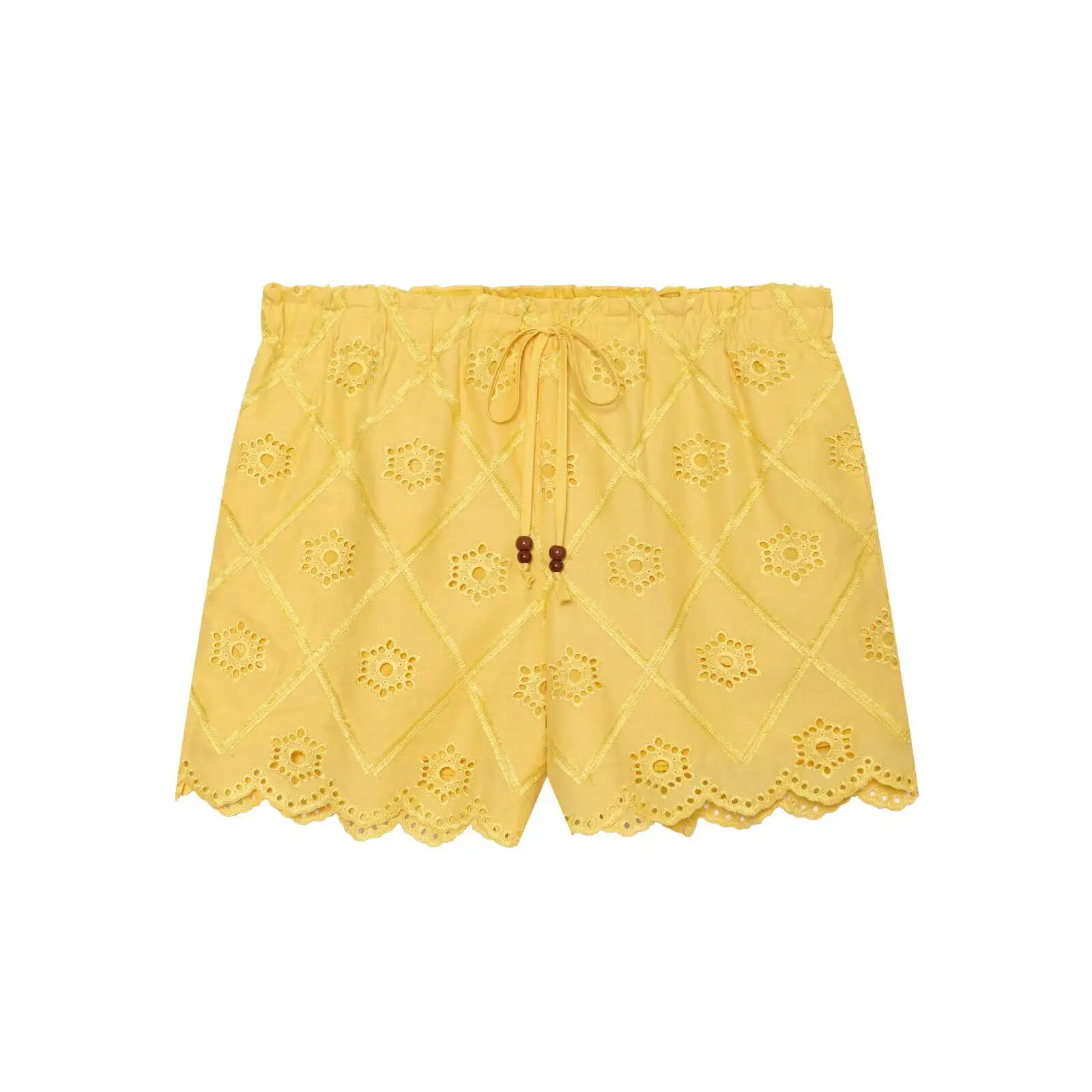 Yellow Hollow Out Embroidery Women' Shorts 2026 Summer European Style Drawstring Pants Casual Personalized Good-looking Shorts