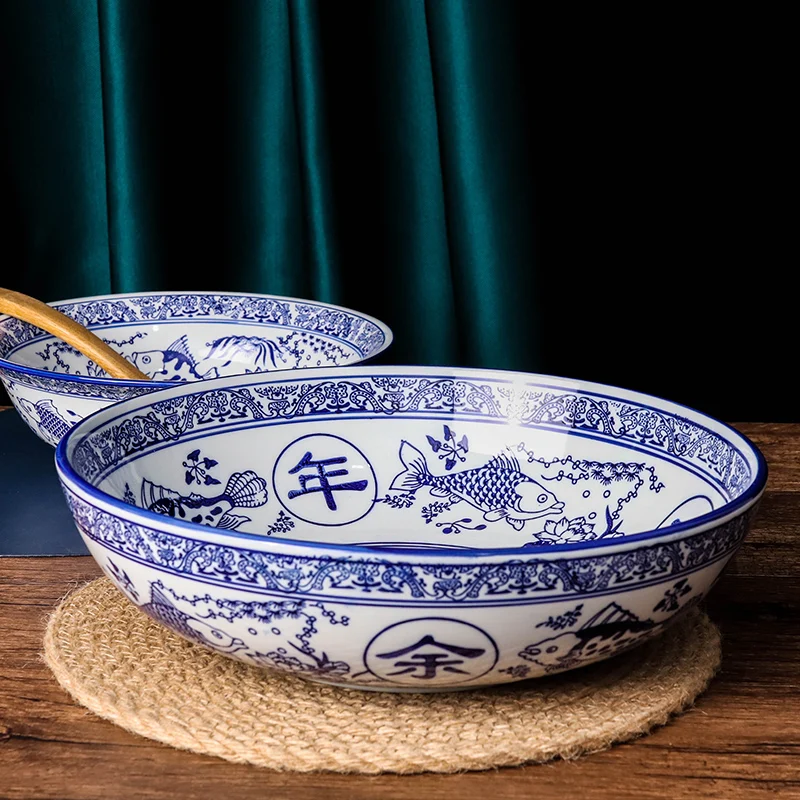 Imagem -03 - Tigela de Sopa Grande Comercial Porcelana Azul e Branca Talheres Cerâmicos Tigela em Conserva Antiga Chinesa Agregado Familiar