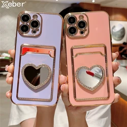 Glitter Rhinestone Love Heart Mirror Plating Wallet Card Case For iPhone 16 15 14 13 11 12 Pro Max XS X 7 8 Plus Soft Slot Cover