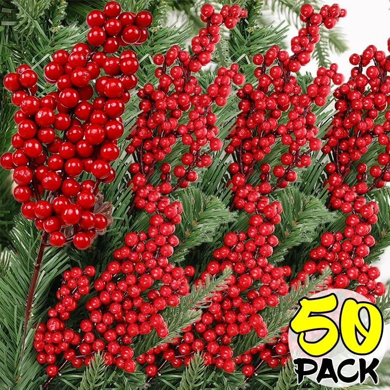 Christmas Artificial Red Berries Branches Fake Flowers Plants Holly Berry Stamen Xmas Tree Ornaments Party Home Decor Wholesale