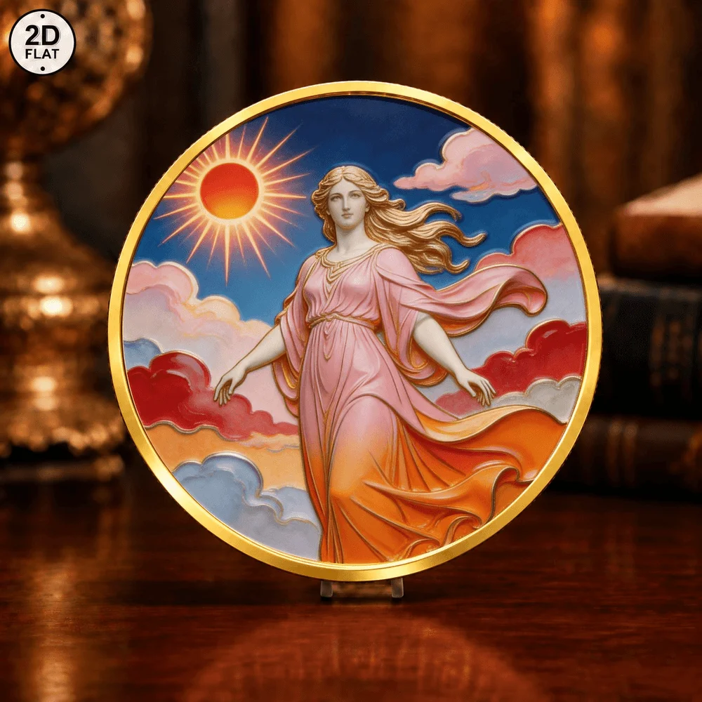 1pc Sunrise Goddess Metal Commemorative Coin Color Print Sky Goddess & Bird on Branch Challenge Coin Collectible Souvenir Gifts