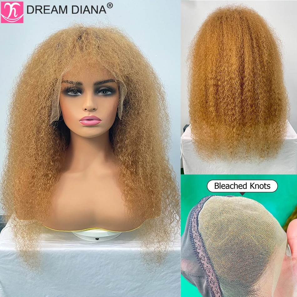 

DreamDiana 100% Peruvian Hair Kinky Straight Lace Frontal Wigs With Bangs 200 Density Ombre Blond Kinky Straight Front Lace Wigs