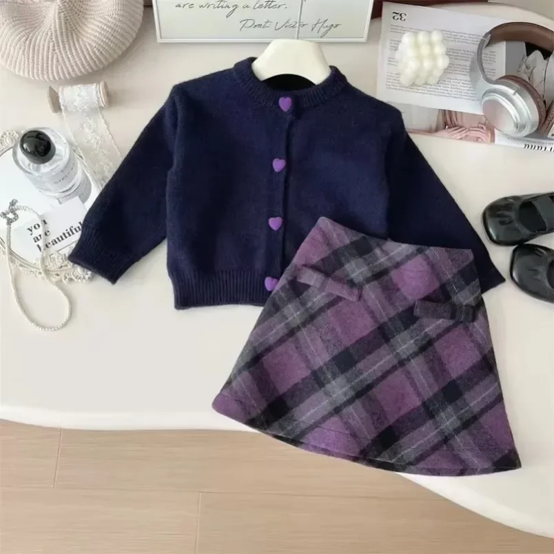 Korean Children Girls Clothes Set Cotton Knitted Border 2024 Plaid Skirts Suit Turn Down Collar Spring Autumn Cardigan Outfits