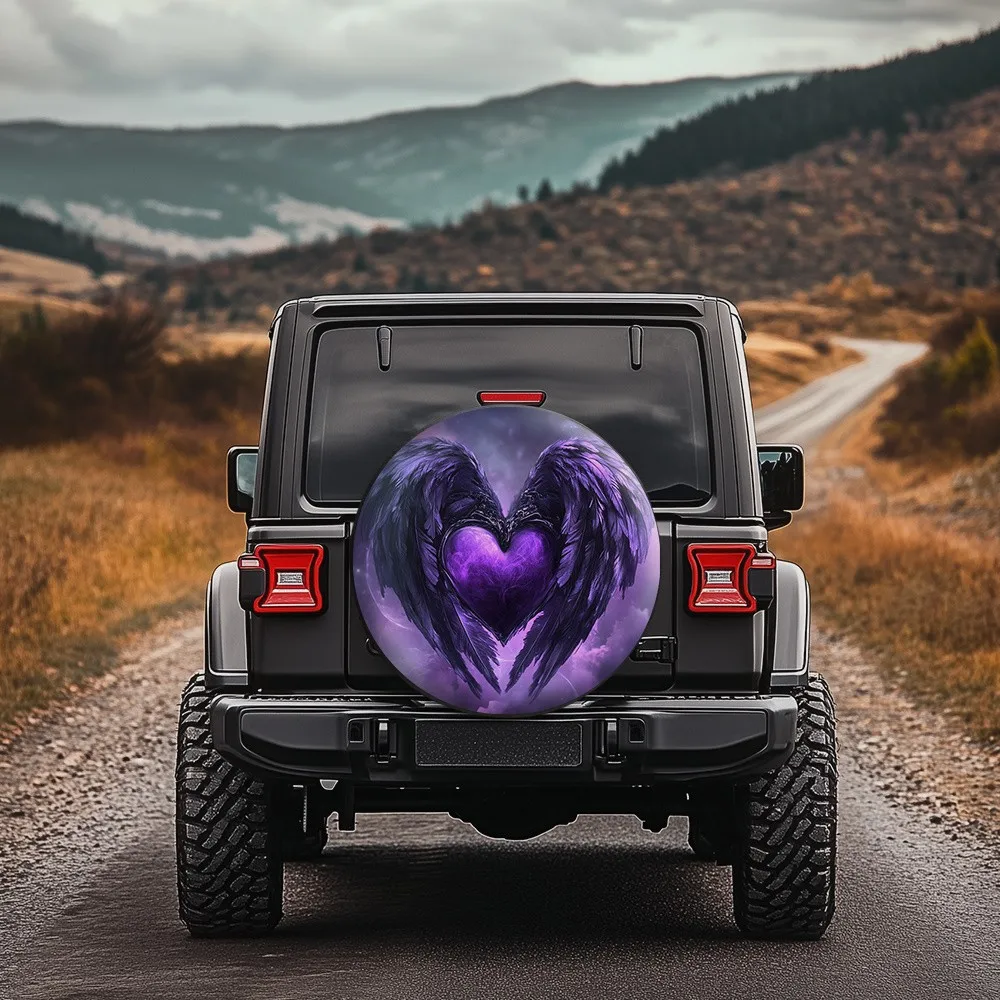 Purple Angel Wing Heart Tire Cover Waterproof Polyester SUV Truck Spare Wheel Protector