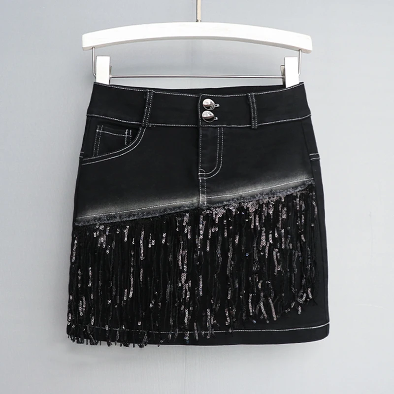 Summer Korean Sexy Women Denim Skirt Mini Skirt Stretchy High Waist Sequined Tassel Blue Package Hip Jeans Skirts