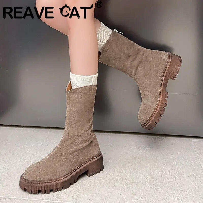 

REAVE CAT Genuine Cow Leather Women Western Boots Round Toe Thick Heel 5cm Zipper Concise Daily Female Booties Big Size 41 42 43