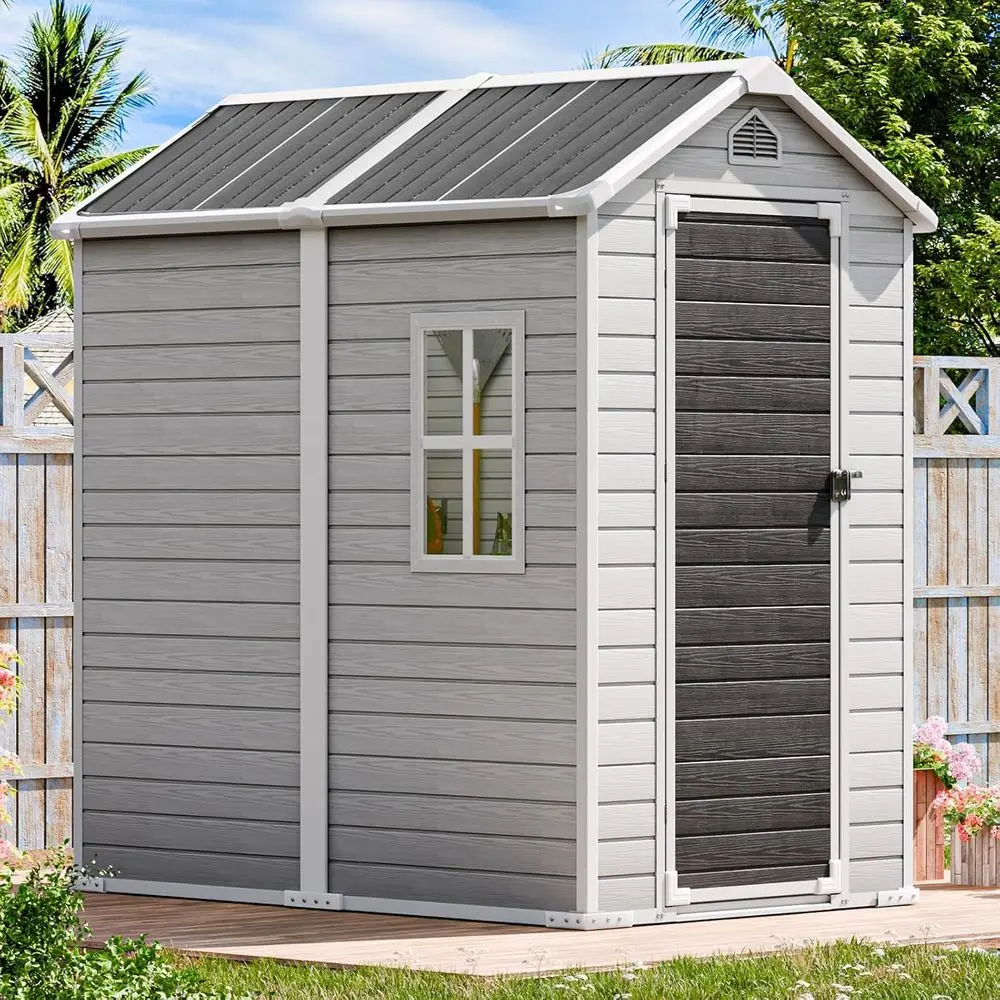 Gray 6x4 Outdoor Plastic Storage Shed with Floor, Waterproof, Window, Lockable Door for Garden or Patio Tools