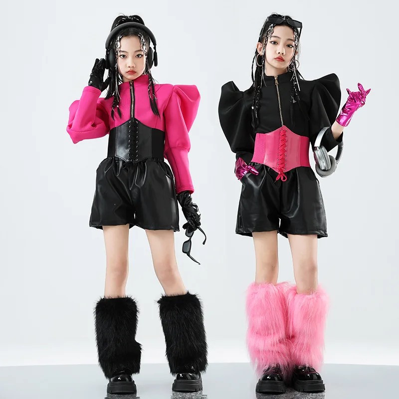 Crianças jazz dança traje meninas roupas de palco conjunto personalizado passarela desempenho roupas hiphop kpop competição wear rosa