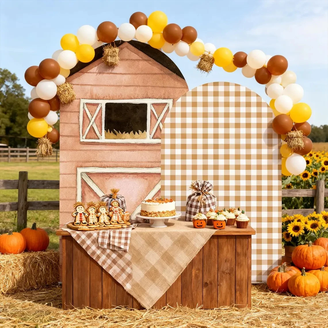 

LS Custom 2-Sided Farm Brown Barn Birthday Party Baby Shower Cover Chiara Arch Background Decor Backdrop