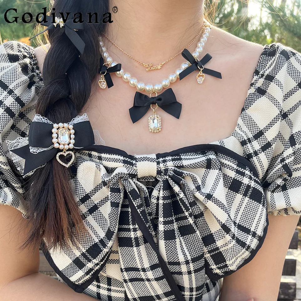 

Japanese Mine Mass-Produced Pearl Rhinestone Bow Lolita Necklace 2024 Summer New Fashion All-Match Sweet Y2k Necklace Women