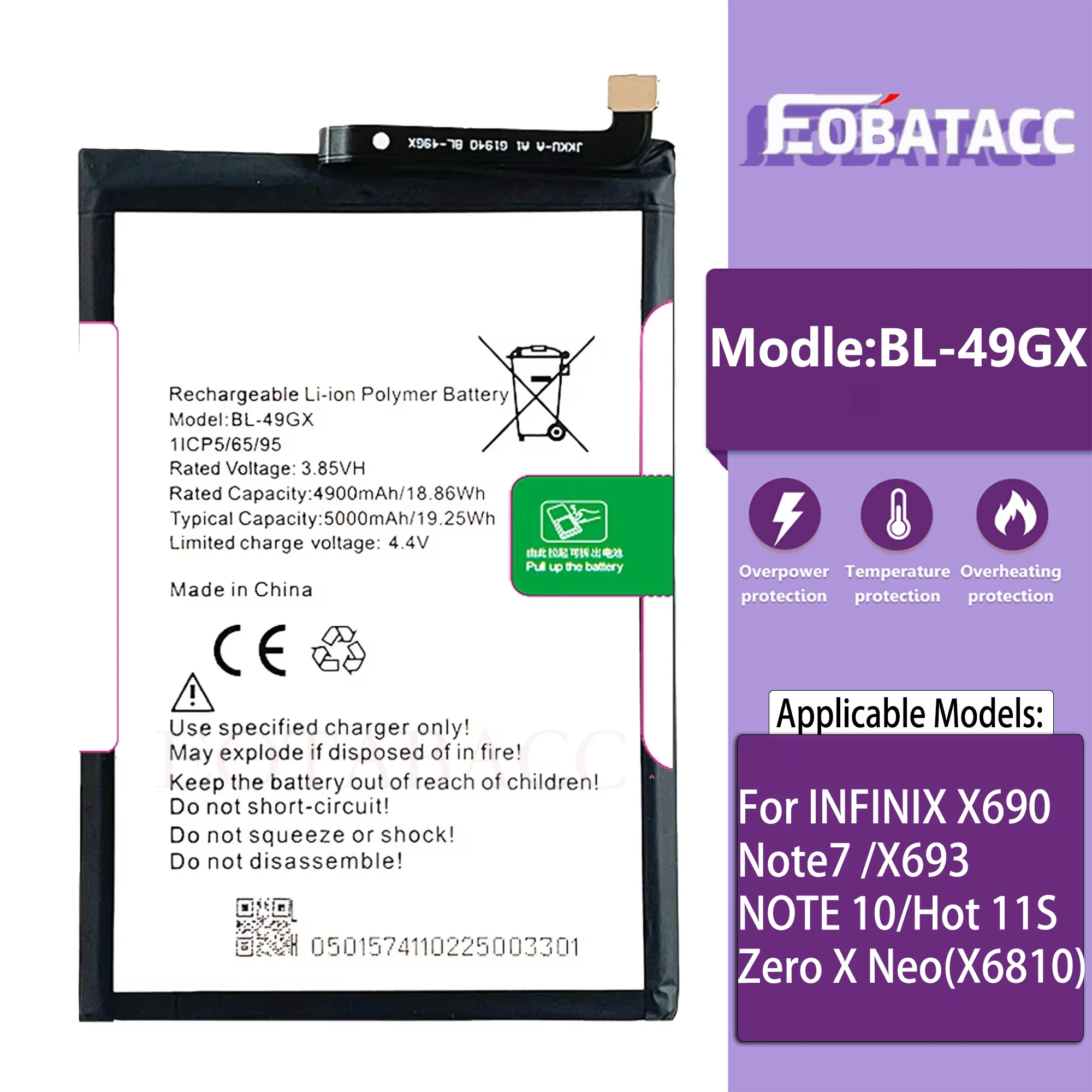 

100% Original Capacity BL-49GX Battery For Infinix Hot 11S / NOTE 10 / Note 7/ X690 / X657 / X6812 / Zero X Neo Phone Bateria