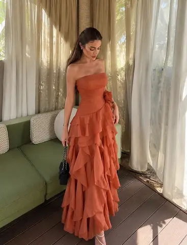 Terracotta Strapless Ruffle Maxi Dress, Smocked Corset Evening Gown, Pumpkin Orange Floral Applique Dress, Boho Chic Wedding Gue